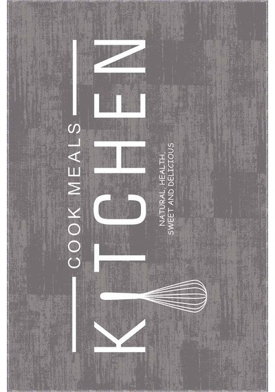 Gri Kaymaz Taban Yıkanan Kitchen Yazılı Mutfak Halısı Ar793n11