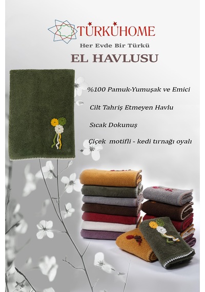 Çiçek Motifli, Kedi Tırnağı Oyalı, Yumuşak Dokulu Pamuk Havlu 50x90 Cm Yeşil