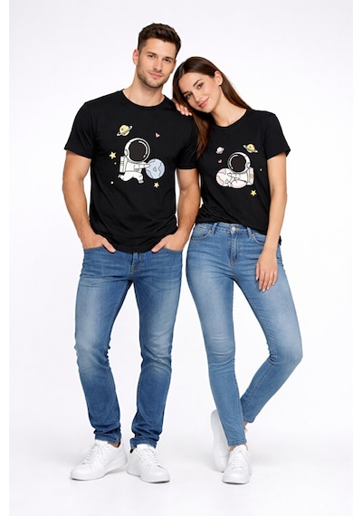 Sevgili Kombini Astronot Baskılı Çift Tişört Oversize Unisex Partner Tişört 2 Li Set Siyah
