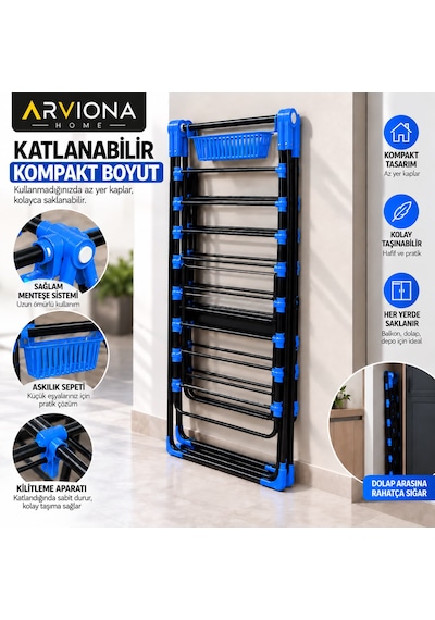 Arvıona 190 Cm Kanatlı Çamaşır Kurutmalığı Mandal Sepetli Metal Mavi - Siyah