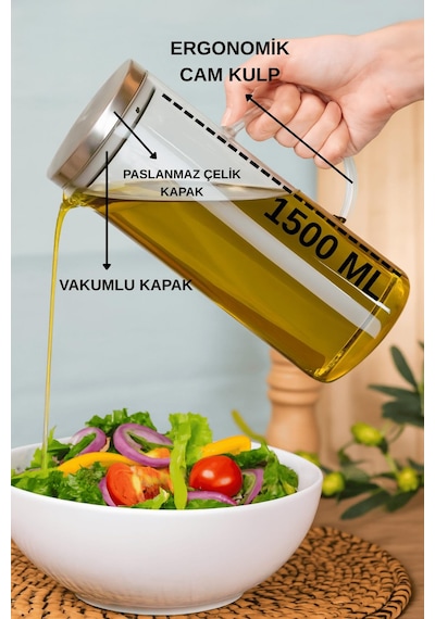 Çelik Kapaklı Vakumlu Borosilikat Cam Yağlık Sirkelik Sütlük Sürahi 1500 Ml Şeffaf