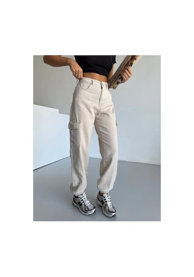 Kene Jeans Yüksek Bel Taş Paça Lastik Kargo Cepketen Mom Pantolon Taş