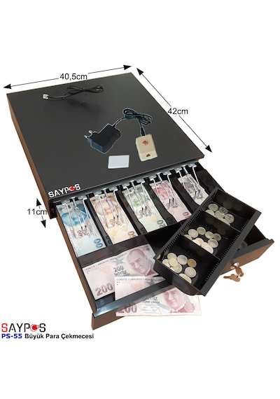 Kolay Açma Butonlu 5 Geniş Banknot Gözlü Anahtardan Açılır Büyük Para Çekmecesi 40,5x42x11cm