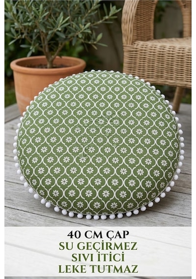 Yuvarlak Dekoratif Minder 40 Cm Yeşil Çiçek Desenli Puf Minder Beyaz Ponponlu Şık Ev Aksesuarı Çok Renkli
