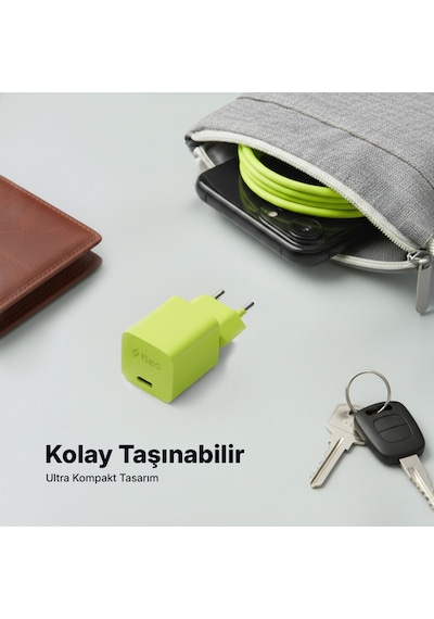 Ttec Smartcharger Gan 20W PD Seyahat Hızlı Şarj Aleti + USB-C - Lightning 120 CM Kablo Neon Sarı