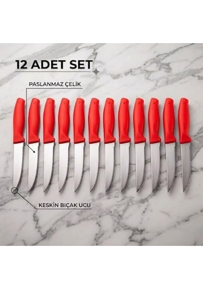 Paslanmaz Çelik Meyve Bıçağı Seti, Kırmızı Saplı, 12 Parça, Mutfak Bıçakları