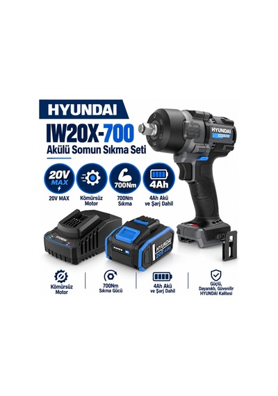 Hyundai Iw20x-700 20v Kömürsüz Darbeli Somun Sıkma Seti 700nm 4ah Akü Ve Şarj Dahil
