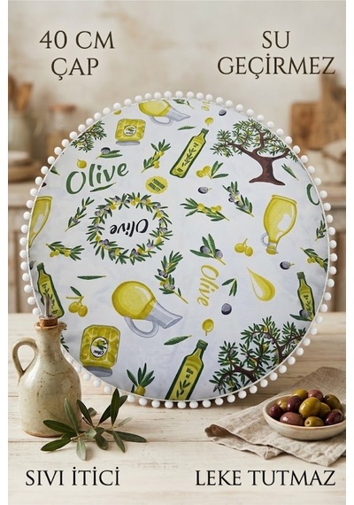Yuvarlak Minder 40 Cm Çap Zeytin Desenli Dekoratif Minder Beyaz Ponponlu Su Geçirmez Sıvı İtici Çok Renkli