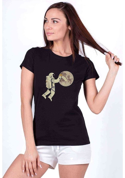 Astronot Cleaner Baskılı Siyah Kadın Tshirt