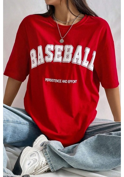 Uyguntarz Unisex Baseball Baskılı Oversize Tshirt Kırmızı