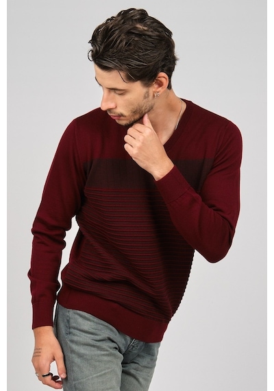 Desen Triko Erkek V Yaka Desenli Yün Kazak 0249640 Bordo Bordo