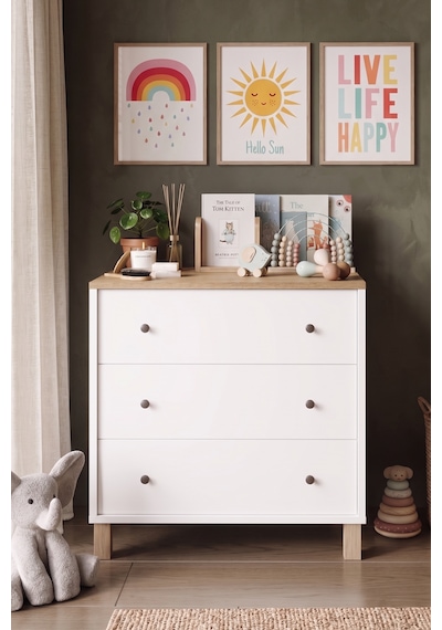 Robin Home Lena Bebek Çocuk Odası Şifonyer 3 Çekmece Ahşap Ayaklı Sepet-beyaz