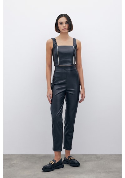 Sateen Yüksek Bel Deri Pantolon - Siyah-135285 Siyah