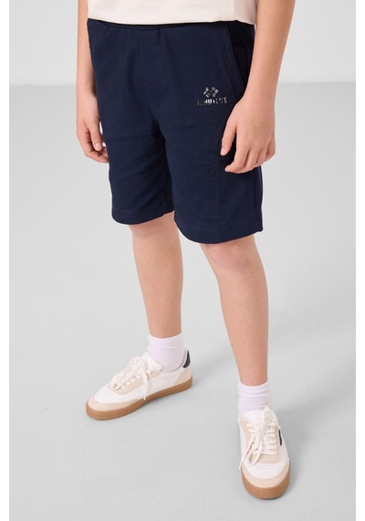 Ekru-lacivert Pamuklu Oversize Fit Dokuma Hafif Esnek Chino Erkek Çocuk Şort Takım - 11276 Ekru