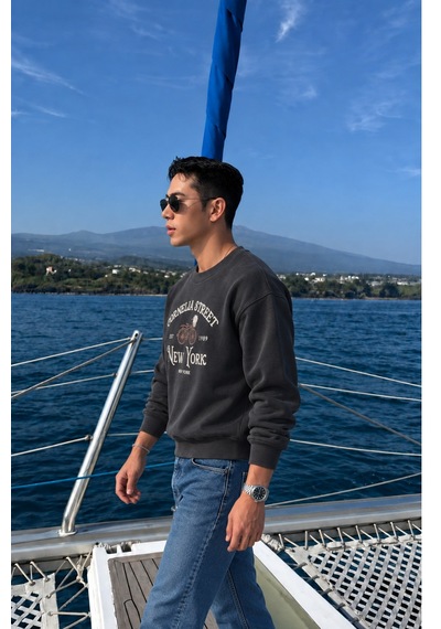 Tarz Cool Erkek Organik Pamuklu Yumuşacık Baskı Detaylı Bisiklet Yaka İçi Polarlı Sweatshirt Siyah