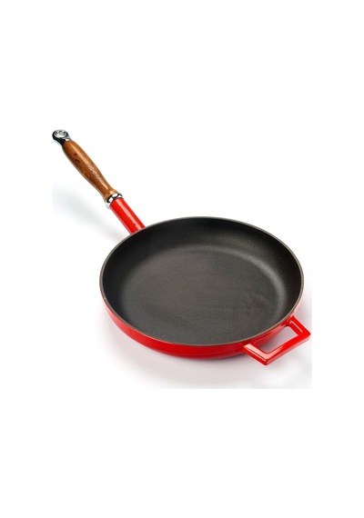 Lava Döküm Kızartma Tavası 28cm Ahşap Saplı Glaze Kırmızı Kırmızı