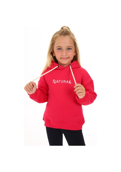 Toontoy Kız Çocuk Kapüşonlu Natural Nakışlı Sweatshirt Koyu Fuşya