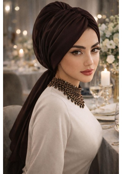Aişe Tesettür Kahverengi Tokalı Abiye Bone Şal / Hazır Duvak