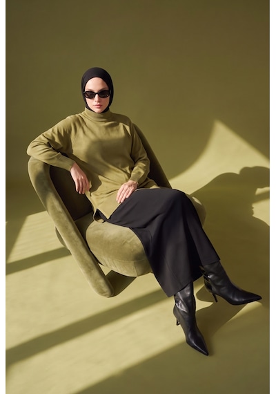 Armine Trend Bisiklet Yaka Uzun Kollu Sade Rahat Kesim Tunik Yağ Yeşili 26ktd419