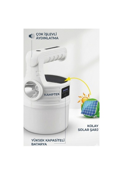 Kamptek Güneş Enerjili Solar Kamp Lambası - Led El Feneri Işıldak Şarjlı Askılı Kamp Doğa Bahçe Dış Mekan Aydınlatması Beyaz Kamptek Güneş Enerjili Solar Kamp Lambası - Led El Feneri Işıldak Şarjlı Askılı Kamp Doğa Bahçe Dış Mekan Aydınlatması Beyaz