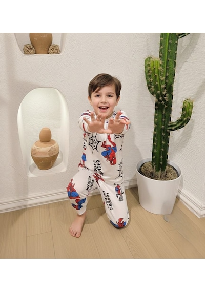 Fidekids Erkek Çocuk Örümcek Desen Karakterli Pijama Takımı%100pamuklu Beyaz - Kırmızı