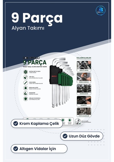 Alyan Anahtar Takımı 9 Parça Uzun Düz Krom Altıgen Vida Tamir Mon