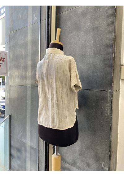 Pera Moda Önden Bağlamalı Keten Görünümlü Viskon Crop Gömlek Taş