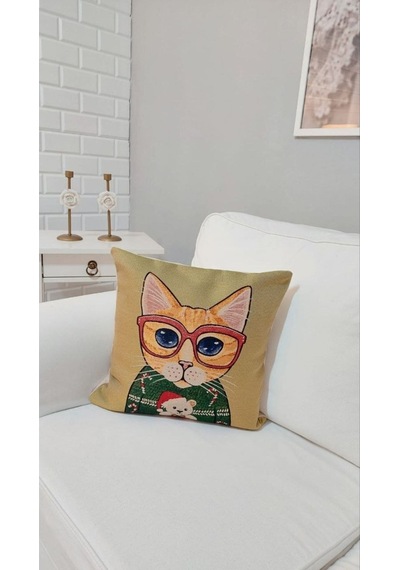 Gözlüklü Kedi Dokuma Kırlent Kılıf Çok Renkli