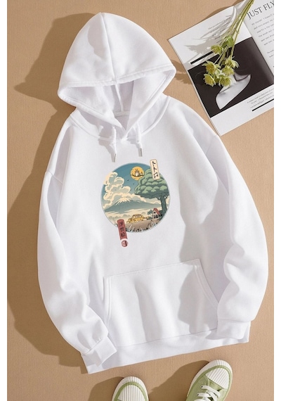 Uyguntarz Unisex Neighbor's Ukiyo E Baskılı Sweatshirt beyaz