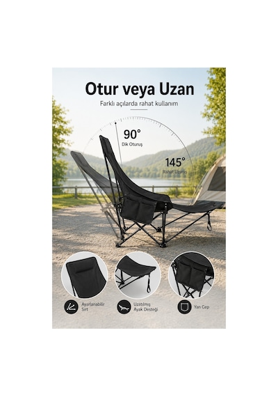 Katlanır Kamp Sandalyesi, Oturma Veya Uzanma Pozisyonunda Kullanılabilir, Çok Pozisyonlu Ayarlanabilir, Siyah.