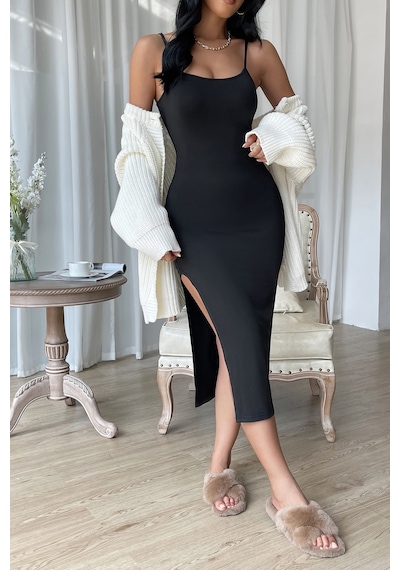 Ang Butik Kadın Siyah Yırtmaçlı Diz Altı Vücüdu Saran Gecelik