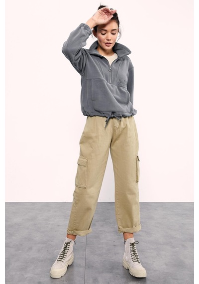Tommy Life Gri Melanj Yarım Fermuar Etek Ucu Büzgülü Kadın Polar Oversize Sweatshirt - 97171 Gri Melanj