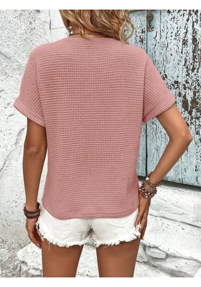 Efnaz Style Kadın Kısa Kollu V Yakalı Düğmeli Triko Bluz Pembe