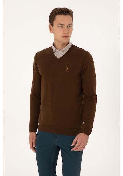 U.S. Polo Assn. Erkek Slim Fit V Yaka Kahverengi Basic Triko Kazak 50313662-VR029