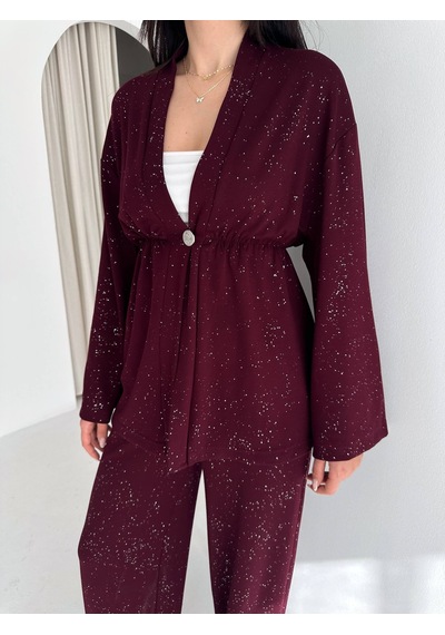 Kadın Simli Uzun Kol Modal Kumaş Kimono Pantolon İkili Takım Şık Ve Rahat Kadın Takım Bordo Kadın Simli Uzun Kol Modal Kumaş Kimono Pantolon İkili Takım Şık Ve Rahat Kadın Takım Bordo