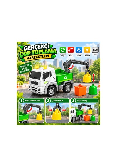 Uzaktan Kumandalı Çöp Kamyonu 1:20 Ölçek, Hareketli Vinçli Yeşil - 919420546 Yeşil