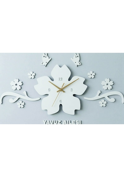 Manolya Set Kişiye Özel Ahşap Duvar Saati Ana Gövde 45 Cm. Toplamda 100x60 Cm Dekoratif Sanat Beyaz Renk