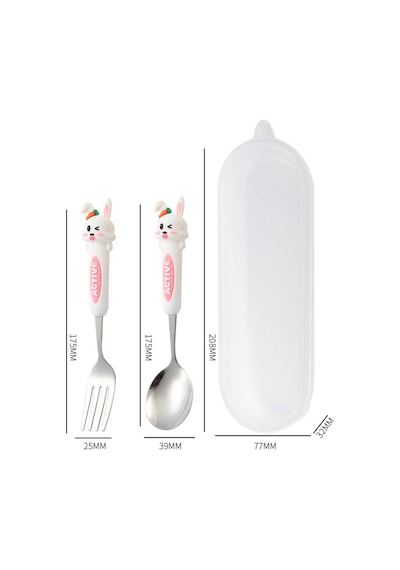 Beyaz Renk Tavşan Figürlü Premium Çocuk Bpa Free Paslanmaz Çelik Uçlu Çatal-kaşık Set 24+ Ay