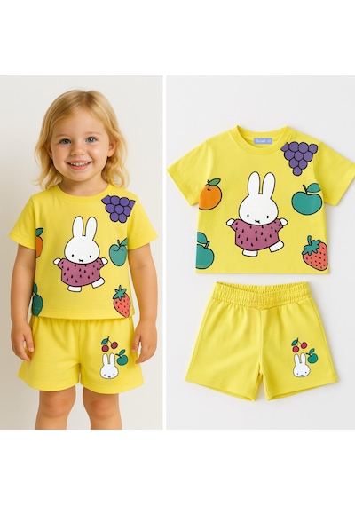 Lolliboomkids Kız Çocuk Çizim Tavşan Fruit Desenli Sarı Renk Altüst Takım Yeni Sezon Sarı