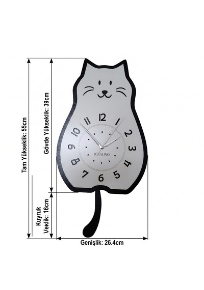 Doalino Sallanan Kuyruklu Kedi Figürlü Premium Ahşap Duvar Saati