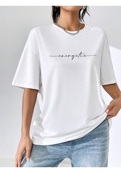 Uyguntarz Unisex Energetic Baskılı Tasarım Tshirt Beyaz