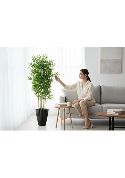 Yapay Bambu Ağaç 150 Cm 6 Dallı Yogun Yaprak Lilyum Siyah Saksı Yeşil