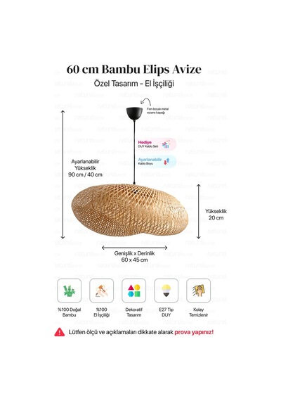 Bohem Bambu Elips Sarkıt Avize Lamba 60cm - Iskandinav, Modern, Bohem, Rattan Aydınlatma Bambu