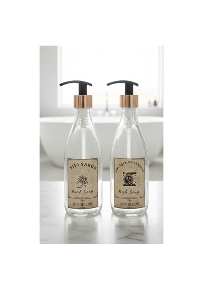 Buççin Online Mağaza 3lü Set Vintage Gold Boş Cam Şişe Bulaşık Deterjanlık Sıvı Sabun 2x330ml Ahşap Altlık Promosyon Pake Çok Renkli