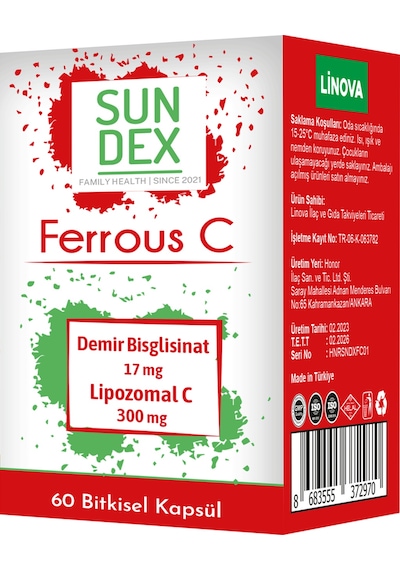 SUNDEX Ferrous C Demir Bisglisinat + Lipozomal C 60 Kapsül
