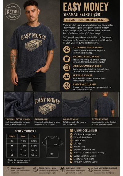Technomonkey Lacivert Yıkamalı Retro Erkek Easy Money Baskılı Tişört