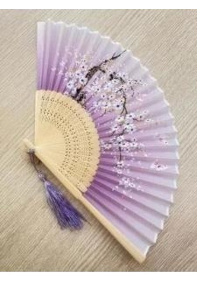 Beluga Yelpaze Bambu Vintage Lila Kelebekli Bahar Dalı Desenli Şık Püsküllü Japon Yelpaze 0167