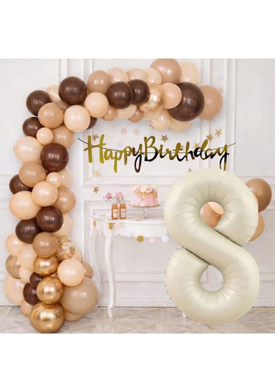 8 Yaş Pompa Hediyeli Doğum Günü Seti Banner Gold Kahverengi Kum Beji Ten Rengi Balonlar Krem Rakam Çok Renkli