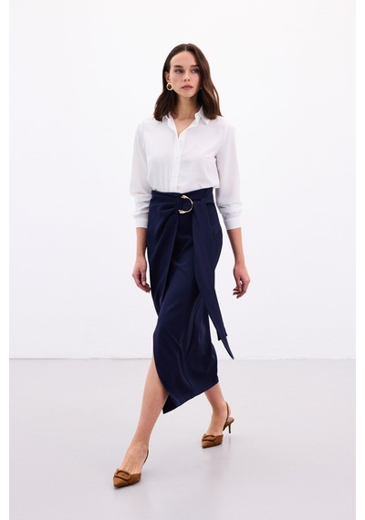 Sateen Aksesuar Kuşaklı Yırtmaçlı Etek - Lacivert-136889 Lacivert