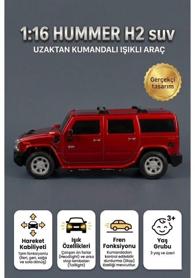 Uzaktan Kumandalı 7 Fonksiyonlu Işıklı Tepe Lambalı 1:16 Ölçek Hummer Suv Oyuncak Arazi Arabası Kırmızı